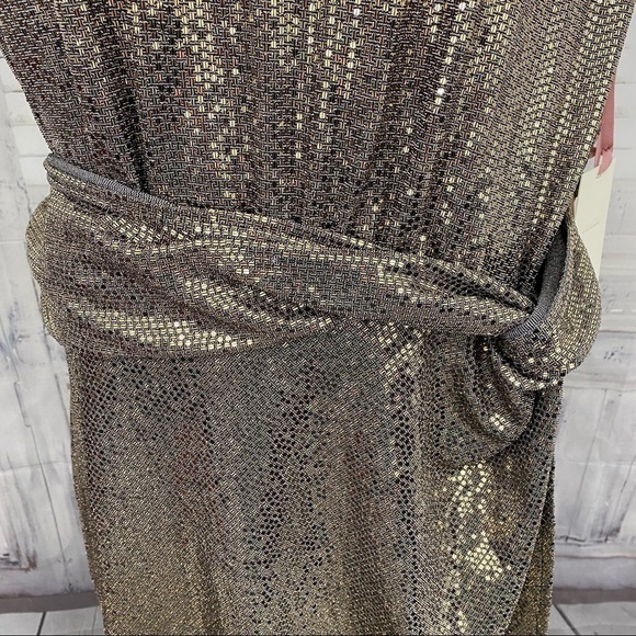 Alex Marie Dress Sequins Metallic Gold Black Sleeveless Faux Wrap Gown Formal - Picture 5 of 13